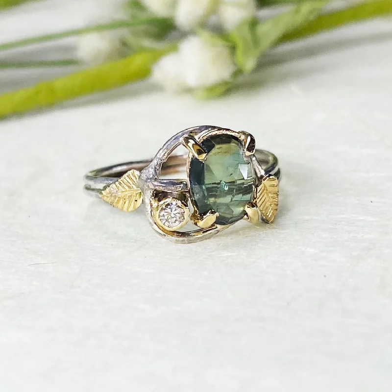 Chic And Stylish Jewelry At Exclusive Prices 14k White and Yellow Gold Green Sapphire Leaf Ring Chic And Stylish Jewelry At Exclusive Prices 14k White and Yellow Gold Green Sapphire Leaf Ring