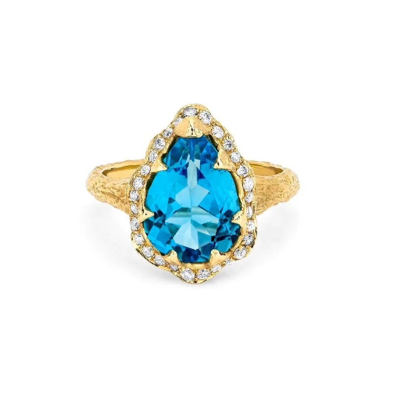 Affordable Luxury Jewelry For Every Occasion Queen Water Drop Blue Topaz Ring with Full Pavé Halo