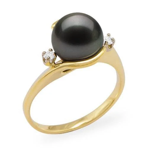 Handmade Pearl Jewelry For Timeless Elegance Tahitian Black Pearl Ring in Gold with Diamonds - 9-10mm Handmade Pearl Jewelry For Timeless Elegance Tahitian Black Pearl Ring in Gold with Diamonds - 9-10mm