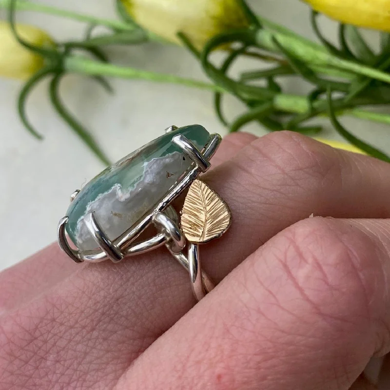 Celebrate Every Occasion With Sparkling Savings Yellow Gold and Silver Chrysoprase Leaf Ring Celebrate Every Occasion With Sparkling Savings Yellow Gold and Silver Chrysoprase Leaf Ring