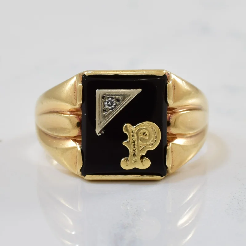 Jewelry Deals That Outshine The Rest Initial 'P' Onyx & Diamond Signet Ring | 3.50ct, 0.01ct | SZ 10.5 | Jewelry Deals That Outshine The Rest Initial 'P' Onyx & Diamond Signet Ring | 3.50ct, 0.01ct | SZ 10.5 |