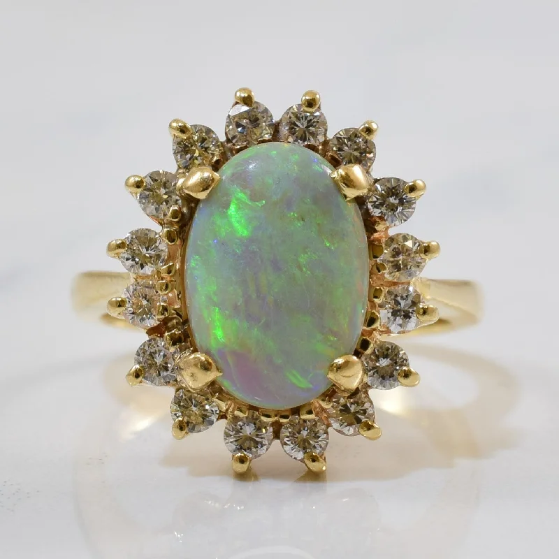 Handcrafted Jewelry Sale – Unique Designs At Low Prices Opal & Diamond Halo Cocktail Ring | 2.00ct, 0.48ctw | SZ 6 | Handcrafted Jewelry Sale – Unique Designs At Low Prices Opal & Diamond Halo Cocktail Ring | 2.00ct, 0.48ctw | SZ 6 |