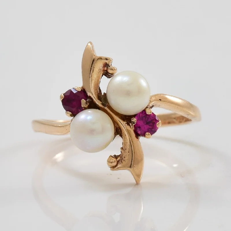 Jewelry Clearance – Final Chance To Save Big Pearl & Synthetic Ruby Bypass Ring | 1.40ctw, 0.14ctw | SZ 6.5 |