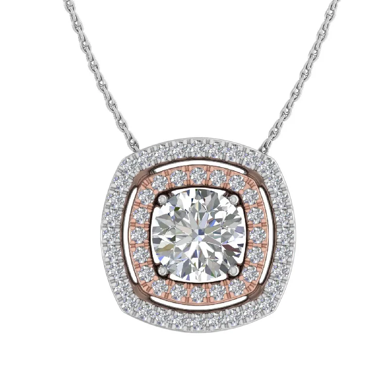 Shine In Style – Shop Jewelry Discounts Today 1/2 Carat Diamond Cushion Shaped Halo Pendant Necklace in White Gold & Rose Gold