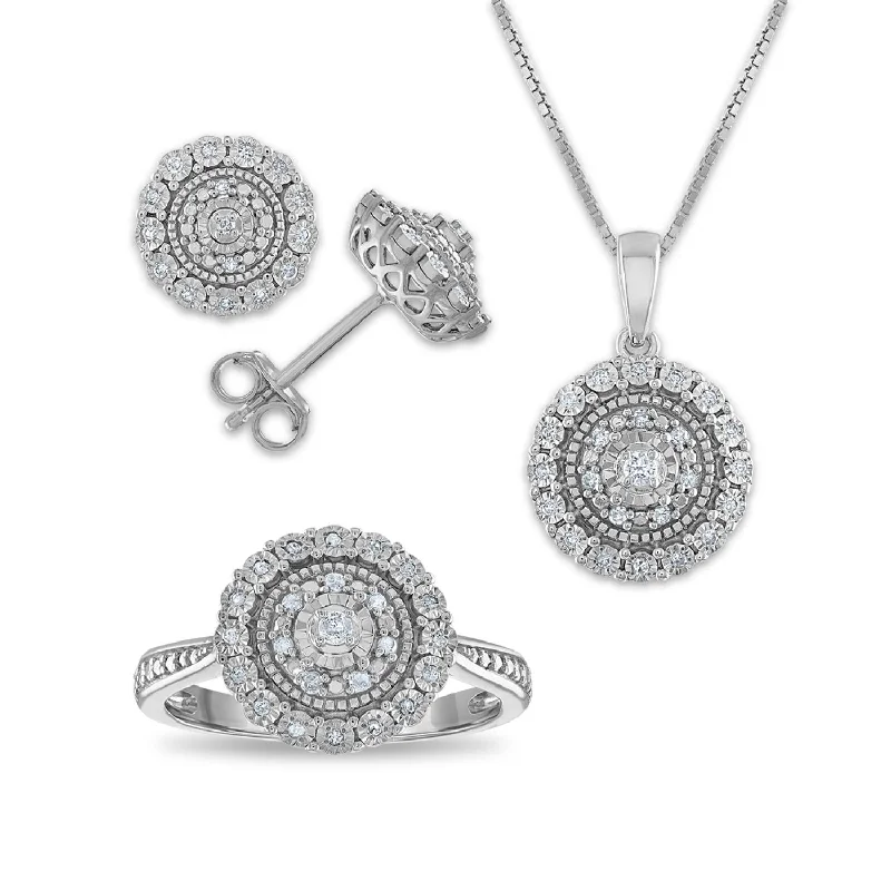 Elevate Your Jewelry Collection With Limited-Time Savings 1/3 CTW Diamond Halo Ring Pendant Earrings Set in Sterling Silver Elevate Your Jewelry Collection With Limited-Time Savings 1/3 CTW Diamond Halo Ring Pendant Earrings Set in Sterling Silver