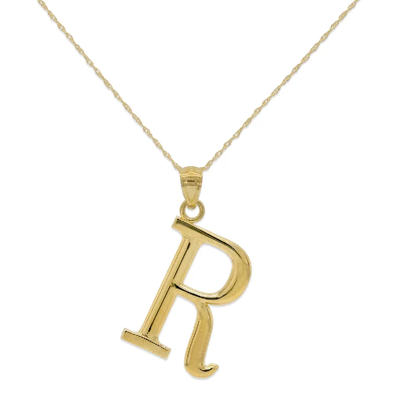Trendy Minimalist Jewelry For Everyday Wear 10KT Yellow Gold 18-inch 30MM Initial Pendant; Initial R