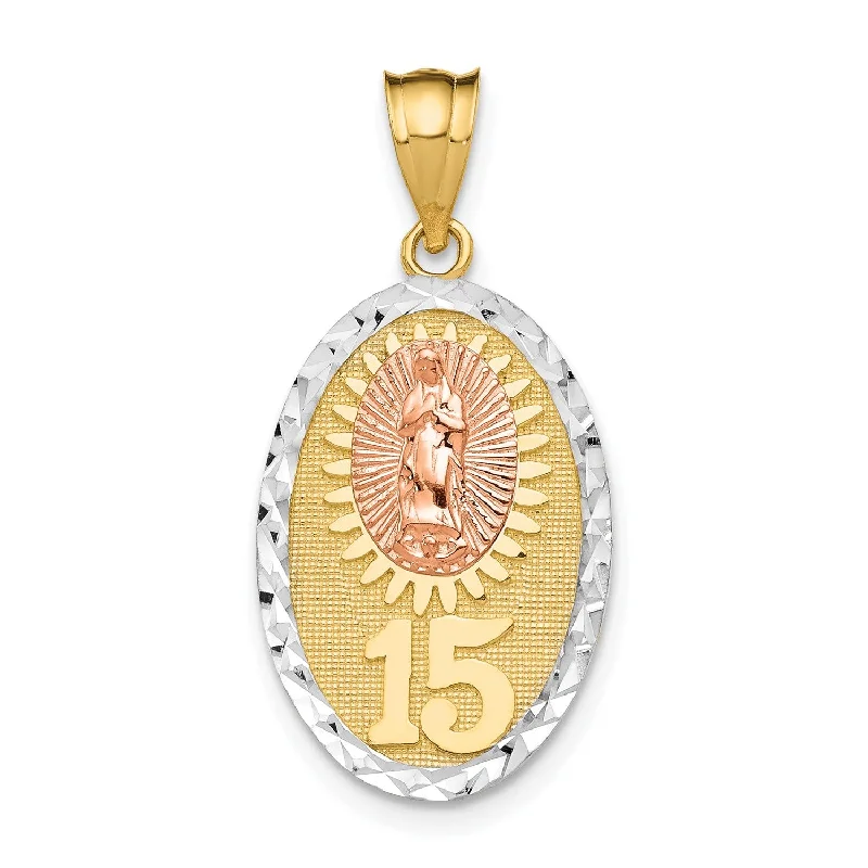 Jewelry Clearance – Final Chance To Save Big 14KT Gold Tri-Color 22X14MM Guadalupe Quinceanera Pendant. Chain Not Included