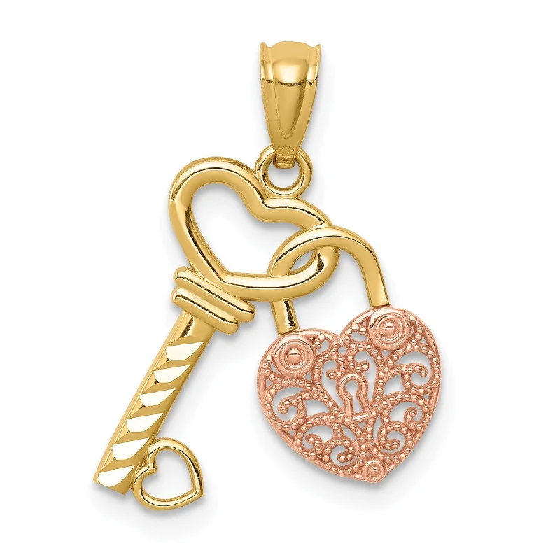 Shop Stylish Jewelry Now And Save Big 14KT Yellow and Rose Gold Filigree Heart Lock and Key Pendant. Chain Not Included Shop Stylish Jewelry Now And Save Big 14KT Yellow and Rose Gold Filigree Heart Lock and Key Pendant. Chain Not Included