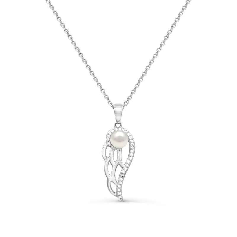 Personalized Jewelry Sale – Unique Gifts At Low Prices 4.5MM Round Pearl and White Sapphire Angel Wings 18-inch Pendant in Sterling Silver Personalized Jewelry Sale – Unique Gifts At Low Prices 4.5MM Round Pearl and White Sapphire Angel Wings 18-inch Pendant in Sterling Silver