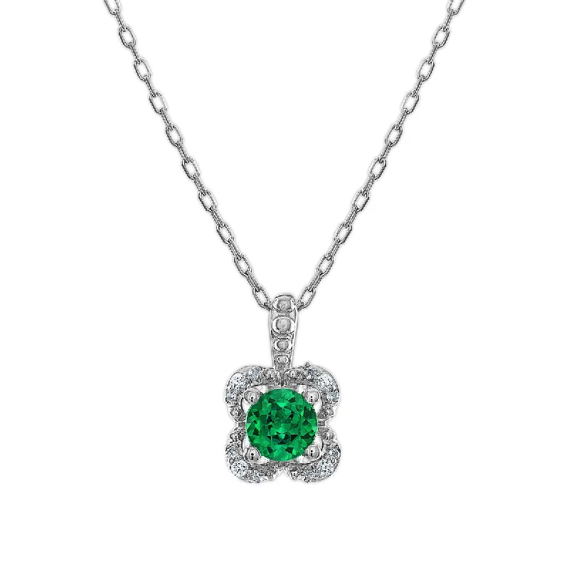 Handcrafted Jewelry Sale – Unique Designs At Low Prices 5MM Round Emerald and White Sapphire Birthstone Flower Halo Pendant in Sterling Silver Handcrafted Jewelry Sale – Unique Designs At Low Prices 5MM Round Emerald and White Sapphire Birthstone Flower Halo Pendant in Sterling Silver