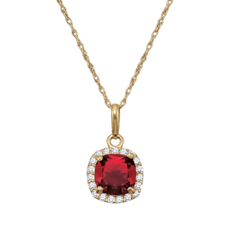 Shop Jewelry That Shines Without The High Price 6MM Cushion Ruby and White Sapphire Birthstone 18-inch Pendant in 10KT Yellow Gold