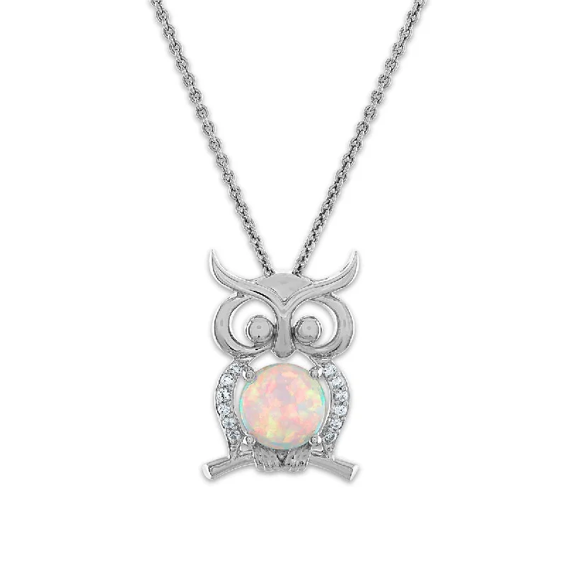 Upgrade Your Jewelry Collection For Less 7MM Round Opal and White Sapphire Owl 18-inch Pendant in Sterling Silver Upgrade Your Jewelry Collection For Less 7MM Round Opal and White Sapphire Owl 18-inch Pendant in Sterling Silver
