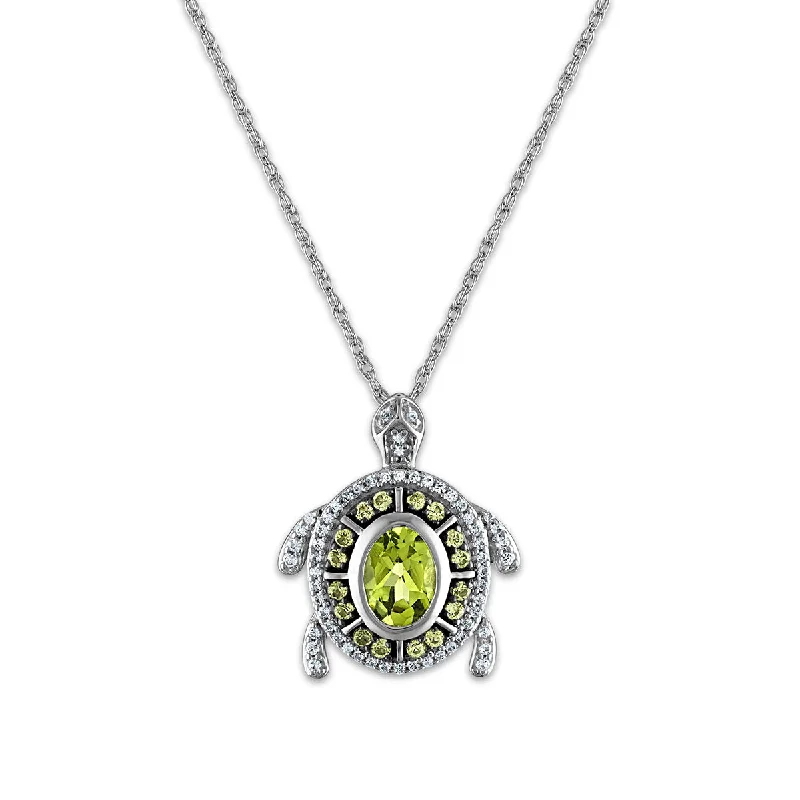 Grab Stylish Jewelry Before The Sale Ends 7X5MM Oval Peridot and White Sapphire Fashion Turtle 18-inch Pendant in Rhodium Plated Sterling Silver Grab Stylish Jewelry Before The Sale Ends 7X5MM Oval Peridot and White Sapphire Fashion Turtle 18-inch Pendant in Rhodium Plated Sterling Silver
