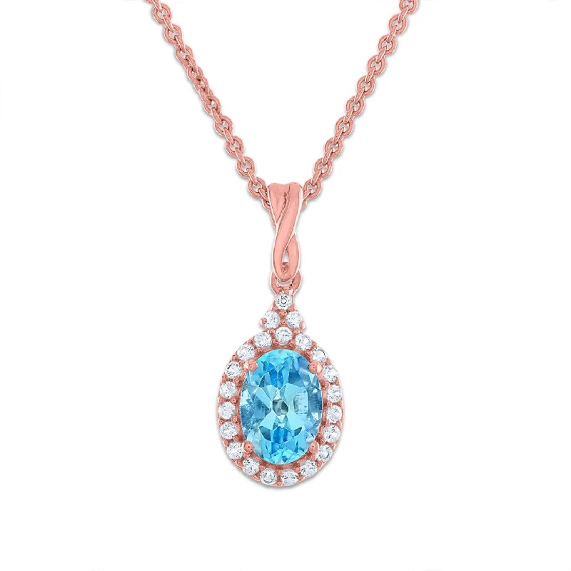 Luxury Jewelry Without The Luxury Price Tag 7X5MM Oval Swiss Blue Topaz and Sapphire Birthstone Halo 18-inch Pendant in 10KT Rose Gold Luxury Jewelry Without The Luxury Price Tag 7X5MM Oval Swiss Blue Topaz and Sapphire Birthstone Halo 18-inch Pendant in 10KT Rose Gold