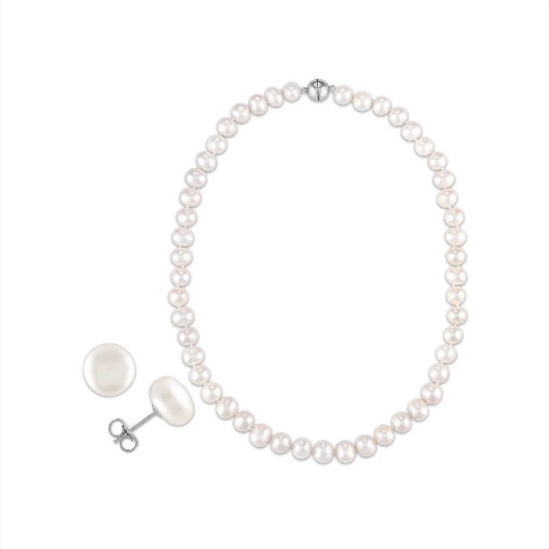Trendy Minimalist Jewelry For Everyday Wear 8MM Pearl 18-inch Necklace and Earrings Set in Sterling Silver Trendy Minimalist Jewelry For Everyday Wear 8MM Pearl 18-inch Necklace and Earrings Set in Sterling Silver
