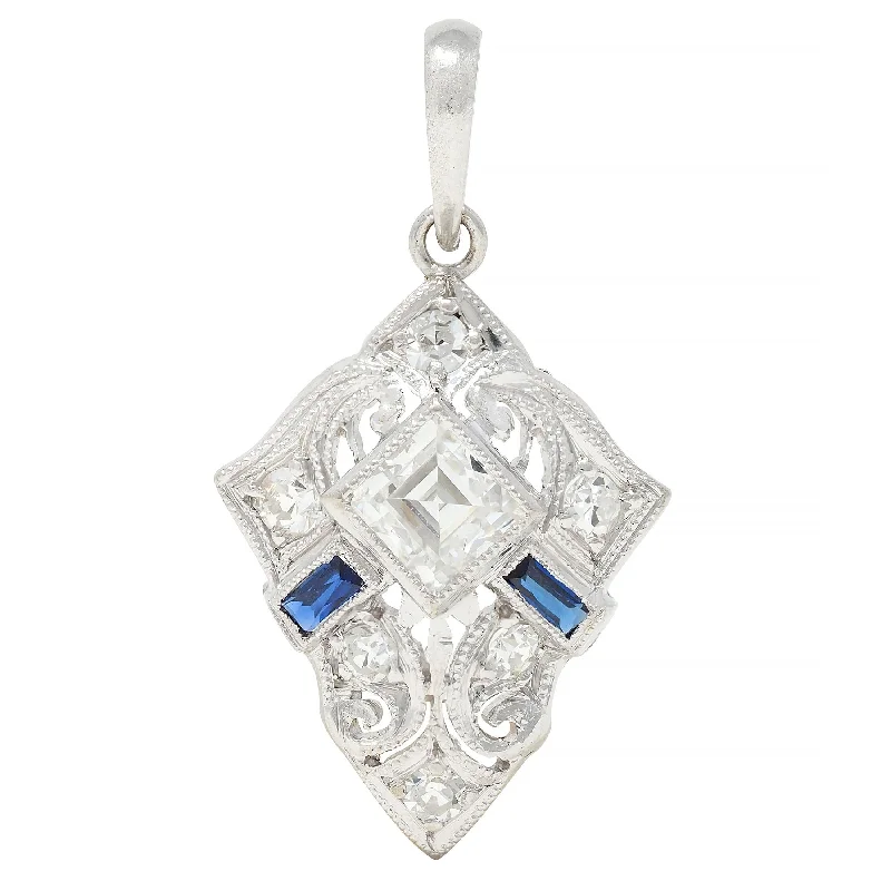 Personalized Engraved Jewelry For Meaningful Gifts Art Deco 0.58 CTW Sapphire Diamond Platinum Vintage Scrolling Pendant Personalized Engraved Jewelry For Meaningful Gifts Art Deco 0.58 CTW Sapphire Diamond Platinum Vintage Scrolling Pendant