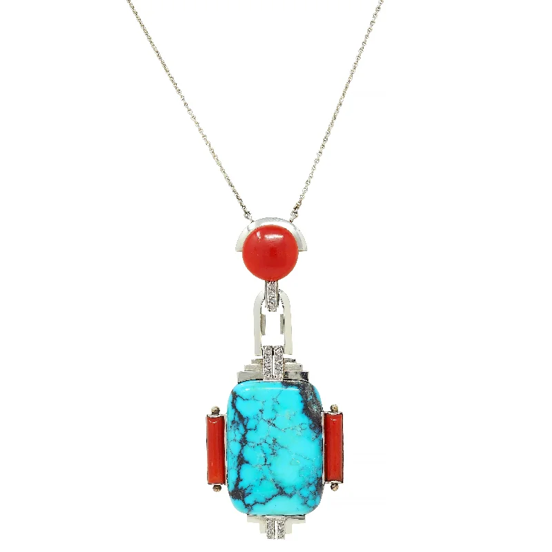 Accessorize For Less – Luxury Jewelry At Affordable Prices Art Deco Diamond Coral Turquoise 18 Karat White Gold Vintage Geometric Pendant Necklace