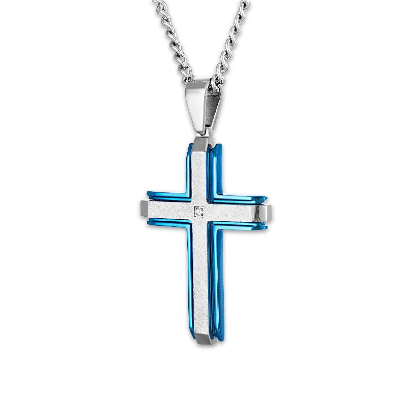 Classic And Modern Jewelry Styles On Sale Blue Stainless Steel 1/50 CTW Diamond 60X32MM 24-inch Cross Pendant Classic And Modern Jewelry Styles On Sale Blue Stainless Steel 1/50 CTW Diamond 60X32MM 24-inch Cross Pendant
