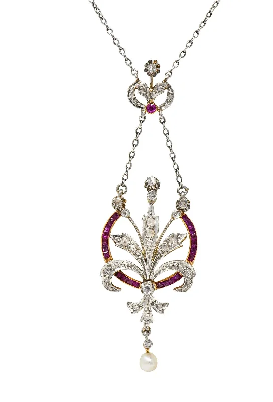 Last Chance To Shop High-End Jewelry At Markdown Prices Edwardian 1.40 CTW Diamond Ruby Pearl Platinum 18 Karat Gold Antique Bouquet Necklace