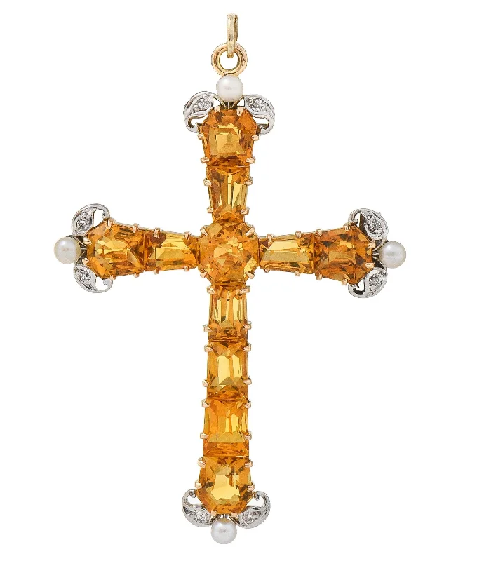 Holiday Jewelry Sale – Perfect Gifts At The Best Prices Edwardian 12.04 CTW Citrine Diamond Pearl Platinum 14 Karat Gold Antique Cross Pendant Brooch Holiday Jewelry Sale – Perfect Gifts At The Best Prices Edwardian 12.04 CTW Citrine Diamond Pearl Platinum 14 Karat Gold Antique Cross Pendant Brooch
