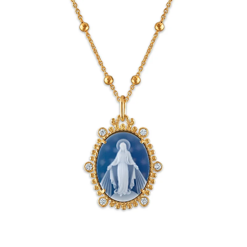 Grab Your Dream Jewelry At The Lowest Prices Frank Ronay Collection Blue Agate and Cubic Zirconia 20X16MM 18-inch Virgen Milagrosa Pendant in 18KT Yellow Gold Plated Sterling Silver