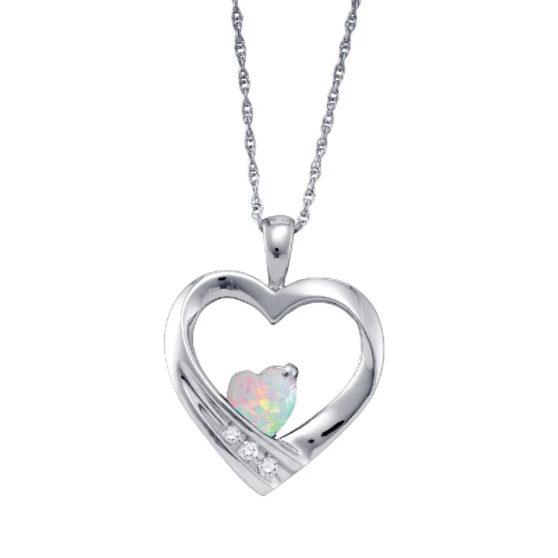 Stunning Jewelry At A Fraction Of The Price Heart Shape Opal and Diamond Birthstone 18-inch Pendant in Sterling Silver