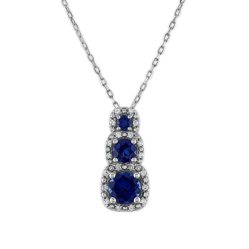 Shop Stylish Jewelry Now And Save Big LoveSong EcoLove Round Blue Sapphire and Diamond Three Stone Halo 18-inch Pendant in 10KT White Gold Shop Stylish Jewelry Now And Save Big LoveSong EcoLove Round Blue Sapphire and Diamond Three Stone Halo 18-inch Pendant in 10KT White Gold