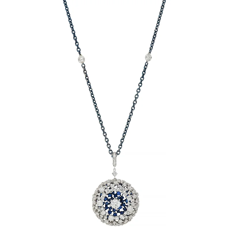 Shop Signature Jewelry Styles At Exclusive Prices Mariani 7.25 CTW Sapphire Diamond 18 Karat White Gold Blue Rhodium PonPon Pendant Necklace