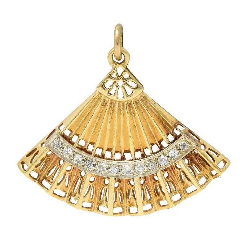 Seasonal Jewelry Sale – Upgrade Your Collection Mid-Century Diamond 14 Karat Two-Tone Gold Vintage Hand Fan Pendant Seasonal Jewelry Sale – Upgrade Your Collection Mid-Century Diamond 14 Karat Two-Tone Gold Vintage Hand Fan Pendant