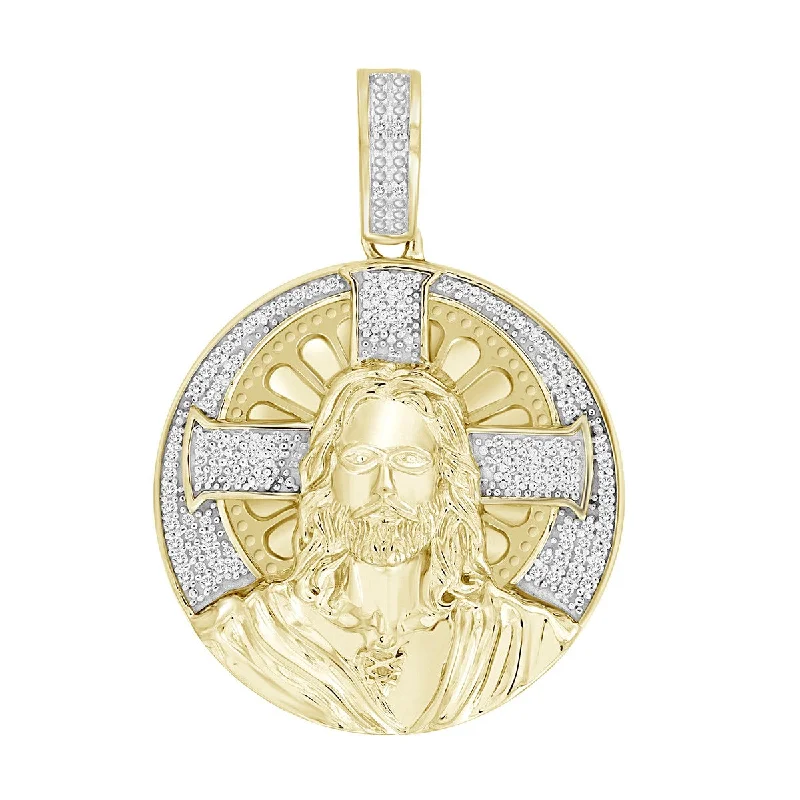 Trending Jewelry Styles Now At Limited-Time Discounts Titán by Adrian Gonzalez 10KT Yellow Gold 1/5 CTW Diamond 34X24MM Jesus Medallion Pendant. Chain Not Included