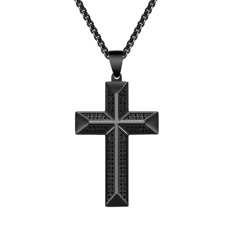 Trending Jewelry Now Available At Exclusive Prices Titán by Adrian Gonzalez Black Stainless Steel 1/3 CTW Diamond 32X48MM 24-inch Cross Pendant