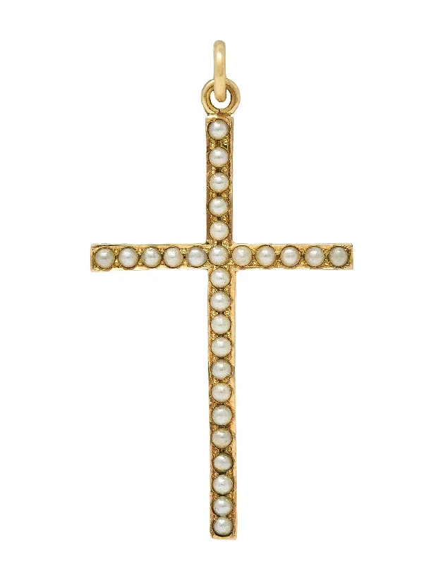 Romantic Heart-Shaped Jewelry For Special Gifts Victorian Pearl 14 Karat Yellow Gold Antique Cross Pendant Romantic Heart-Shaped Jewelry For Special Gifts Victorian Pearl 14 Karat Yellow Gold Antique Cross Pendant