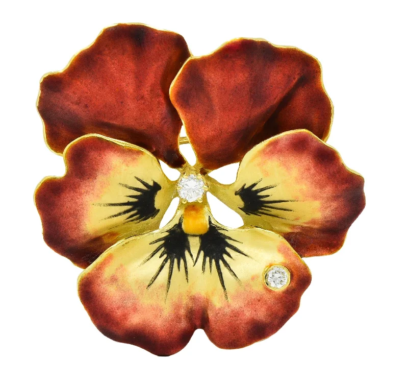 Affordable Glamour – Premium Jewelry For Less Vintage Diamond Enamel 14 Karat Yellow Gold Pansy Flower Pendant Brooch Affordable Glamour – Premium Jewelry For Less Vintage Diamond Enamel 14 Karat Yellow Gold Pansy Flower Pendant Brooch
