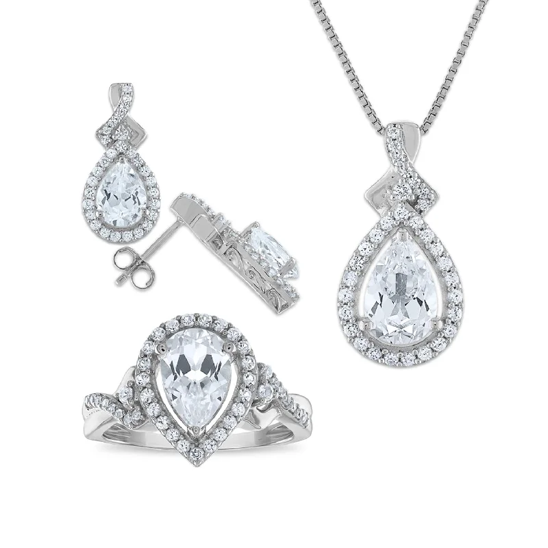 Huge Savings On Timeless Jewelry Collections White Sapphire Halo Ring Pendant Earring Set in Sterling Silver