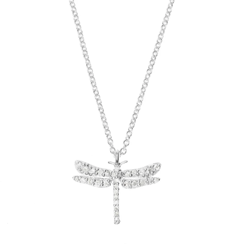 Trendy Minimalist Jewelry For Everyday Wear Dragonfly Silver Necklace w. Diamond