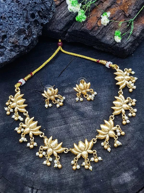 Upgrade Your Jewelry Collection For Less Gold plated Lotus with pearl Necklace Set Upgrade Your Jewelry Collection For Less Gold plated Lotus with pearl Necklace Set