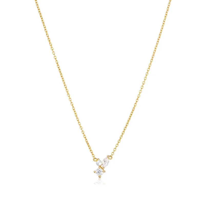 Modern Statement Jewelry For Bold Styling Adria Tre Piccolo Gold Plated Necklace w. White Zirconias & Pearl Modern Statement Jewelry For Bold Styling Adria Tre Piccolo Gold Plated Necklace w. White Zirconias & Pearl