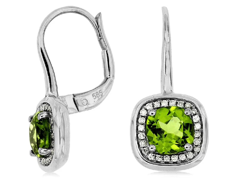 Affordable Luxury Jewelry – Style At A Great Price Bezel Set Cushion Peridot and Diamond Halo Dangle Earrings Affordable Luxury Jewelry – Style At A Great Price Bezel Set Cushion Peridot and Diamond Halo Dangle Earrings