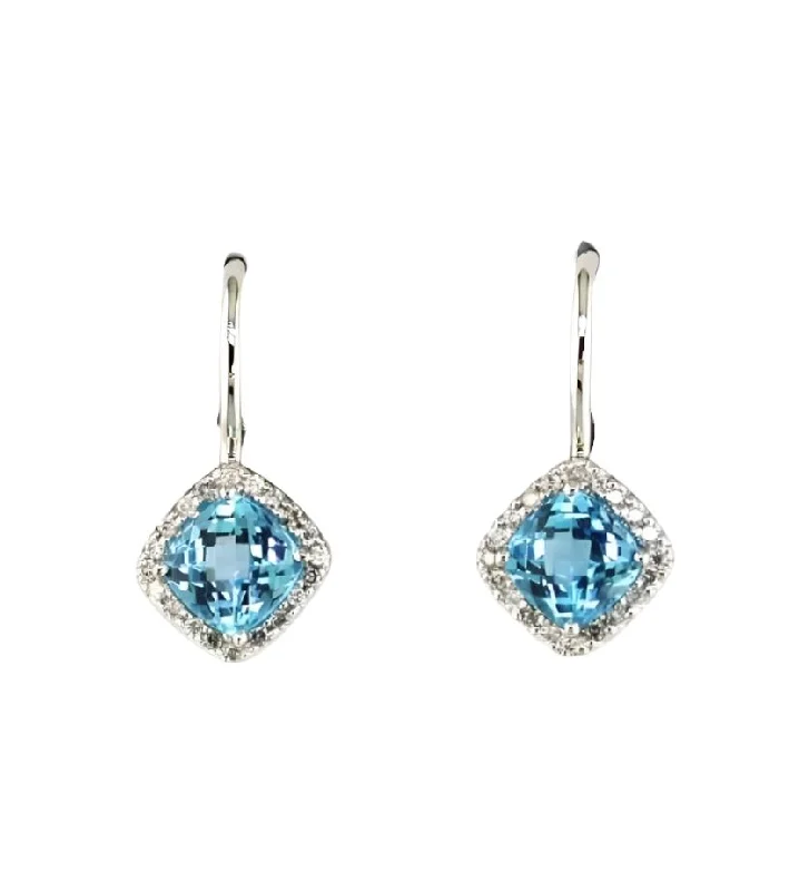 Luxury Jewelry At Unbeatable Discounts Blue Topaz and Diamond Halo Dangle Earrings