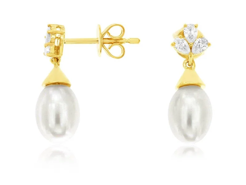 Exclusive Gemstone Jewelry Markdowns – Shop Now Pearl and Triple Diamond Accented Drop Earrings