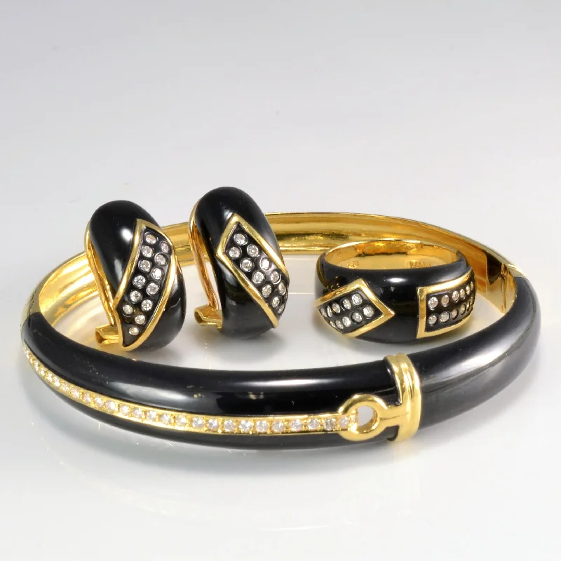 Unmissable Jewelry Sale – Shop Before It's Too Late Beautiful Enameled 18K Gold Diamond Bangle, Ring & Earrings Set | 0.77 ctw | Unmissable Jewelry Sale – Shop Before It's Too Late Beautiful Enameled 18K Gold Diamond Bangle, Ring & Earrings Set | 0.77 ctw |