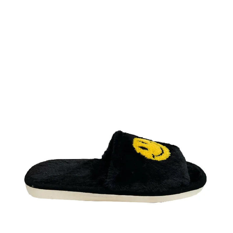 FLOOF Fluffy Open Toe Smile Slippers in Black