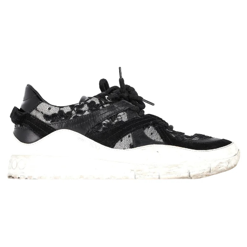 Jimmy Choo Seattle Floral Lace Mesh Trainers in Black Leather